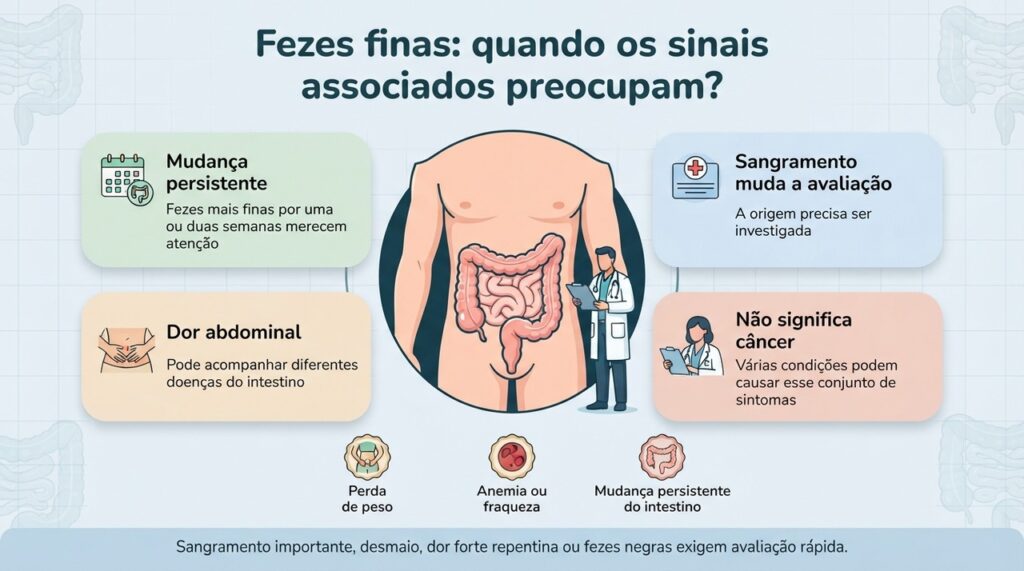 Fezes finas não indicam uma doença específica, mas sangue, dor e outros sinais associados aumentam a necessidade de investigação.