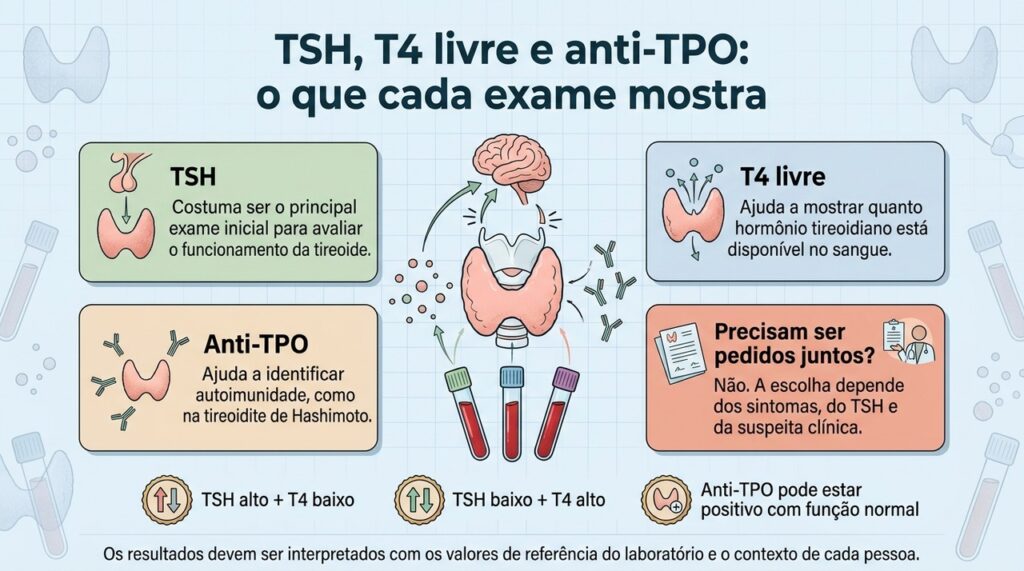 TSH e T4 livre avaliam principalmente a função da tireoide, enquanto o anti-TPO ajuda a investigar uma possível causa autoimune.