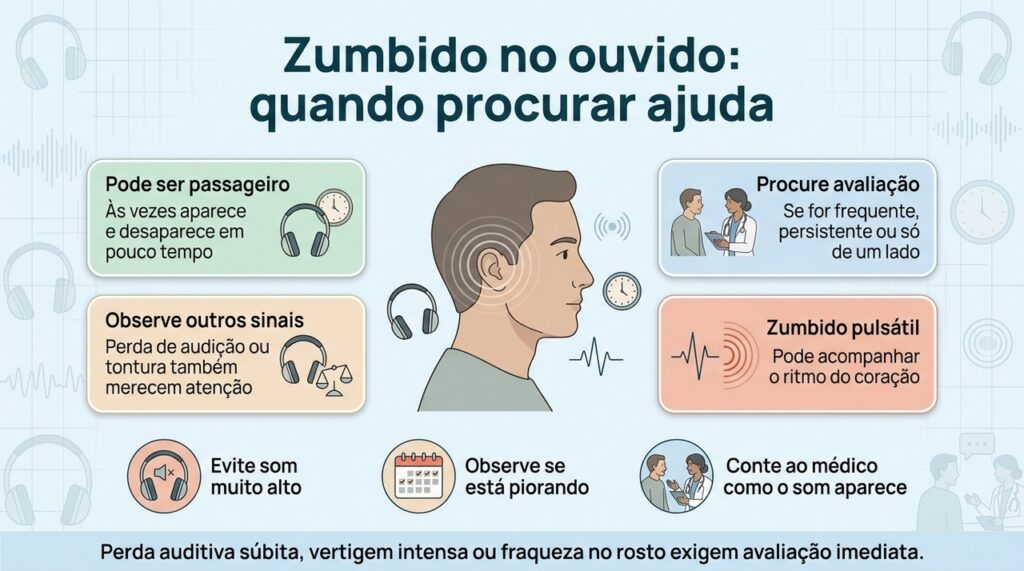 A duração, a frequência e os sintomas associados ajudam a indicar quando o zumbido precisa ser investigado.