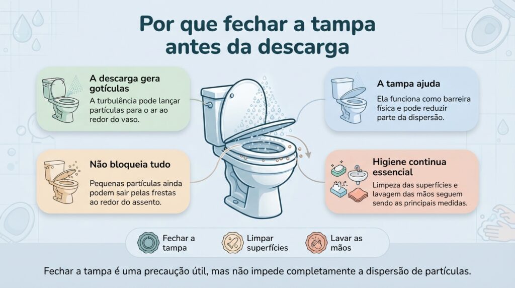 Fechar a tampa ajuda como barreira física, mas a higiene das mãos e a limpeza regular do banheiro continuam fundamentais.