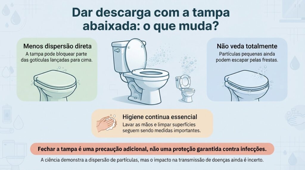 Fechar a tampa pode limitar parte das partículas da descarga, mas a higiene das mãos e das superfícies continua fundamental.