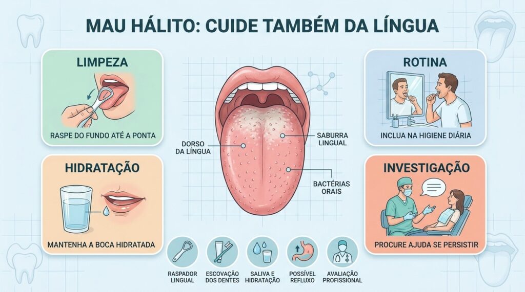 Higiene da língua, hidratação e avaliação profissional ajudam a controlar o mau hálito persistente.