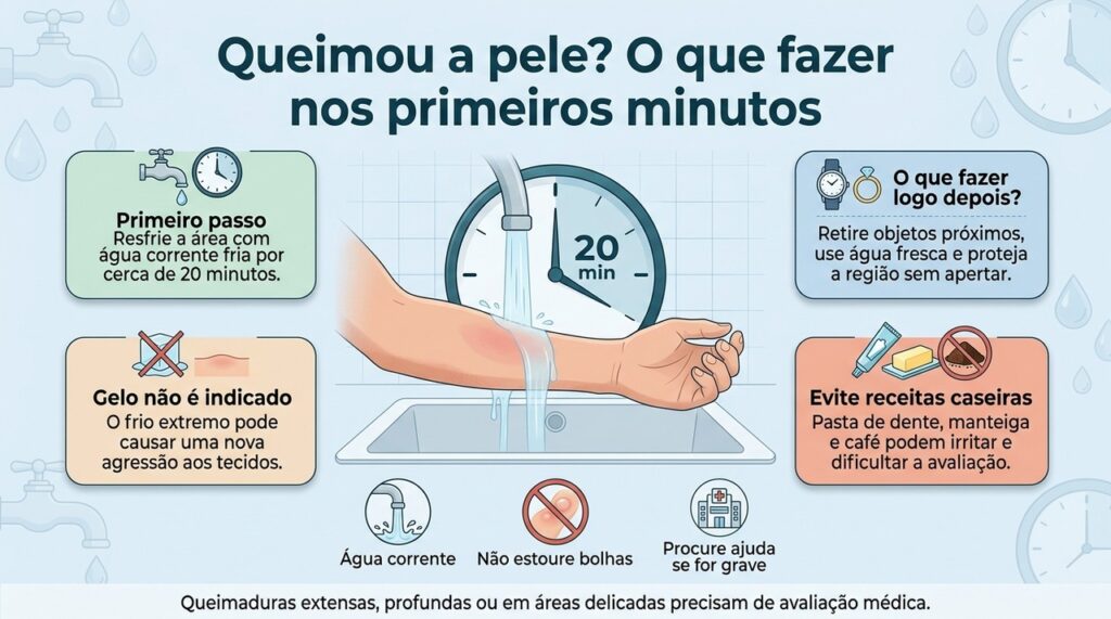 Resfriar a queimadura com água corrente é uma medida simples que pode limitar o dano e aliviar a dor.