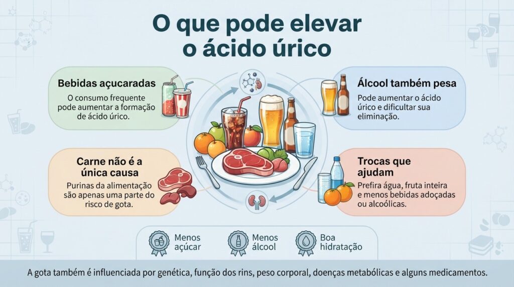 Reduzir bebidas açucaradas e álcool faz parte do controle do ácido úrico, junto com outros cuidados alimentares e acompanhamento médico.