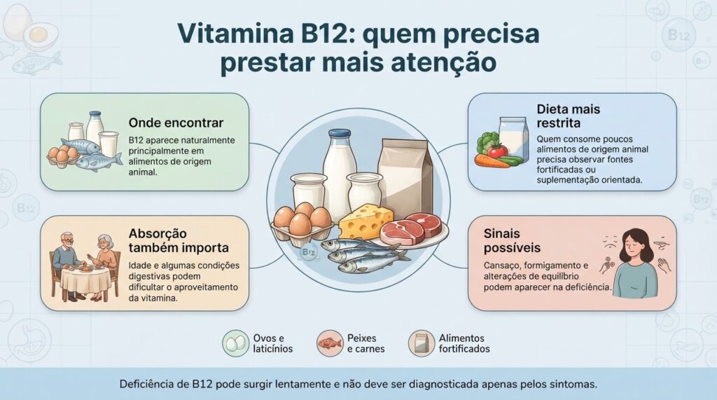 A atenção à vitamina B12 aumenta quando a alimentação tem poucas fontes animais ou quando existe dificuldade de absorção.