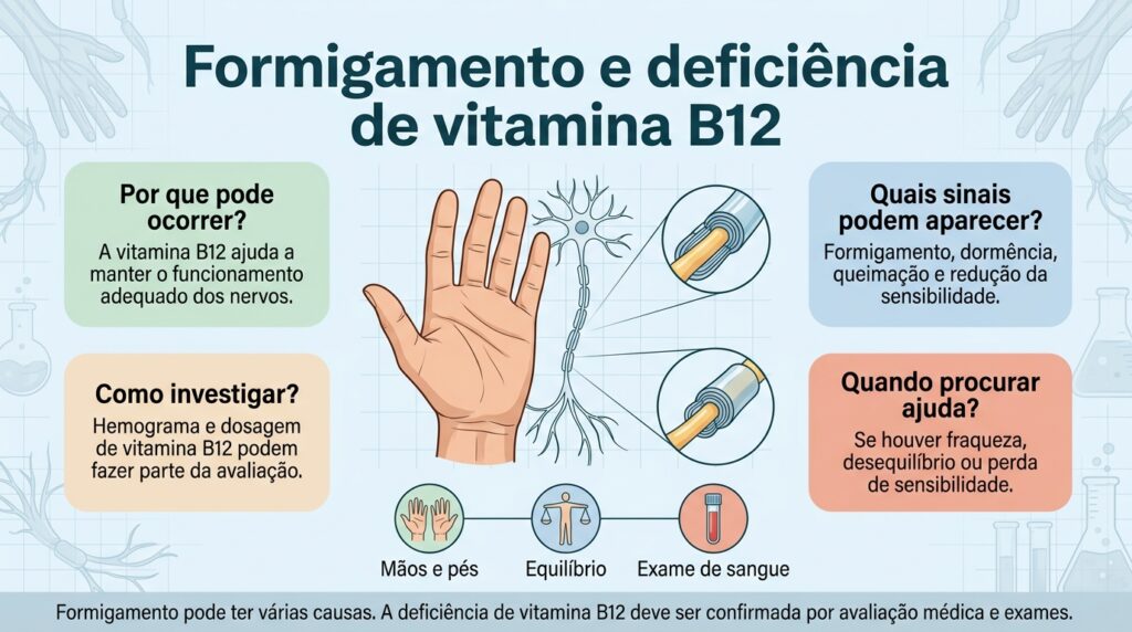 Formigamento pode ocorrer na deficiência de vitamina B12, mas outras causas precisam ser consideradas na investigação.