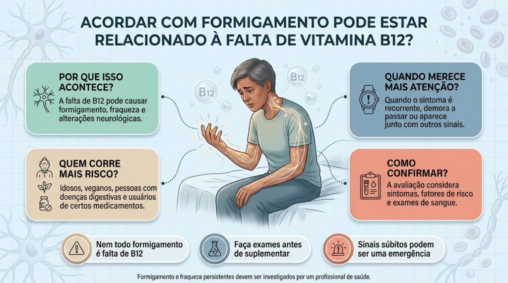 A falta de vitamina B12 pode provocar sintomas neurológicos, mas formigamento e fraqueza persistentes sempre precisam de avaliação para confirmar a causa.