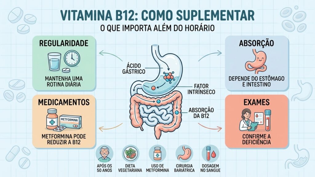 Idade, metformina, alimentação e alterações digestivas influenciam a absorção e a necessidade de vitamina B12.