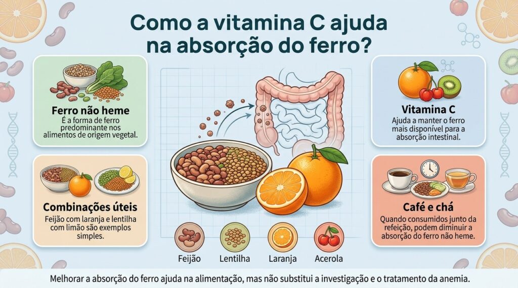 Consumir vitamina C na mesma refeição pode melhorar a absorção do ferro vegetal, mas anemia precisa ter sua causa investigada.