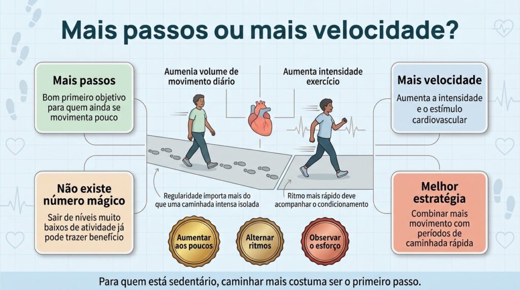 Aumentar o volume de caminhada e depois acrescentar intensidade pode unir os benefícios das duas estratégias.