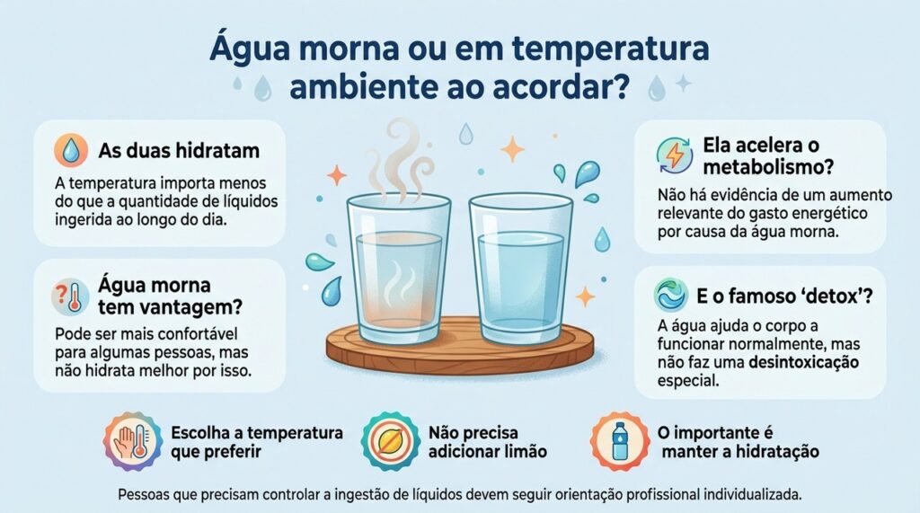 Para a maioria das pessoas, água morna e água em temperatura ambiente são escolhas adequadas; o mais importante é manter uma boa hidratação.