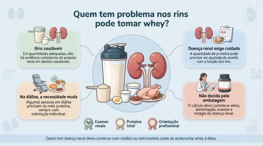Em pessoas com doença renal, o uso de whey depende da função dos rins, da alimentação e das necessidades individuais de proteína.