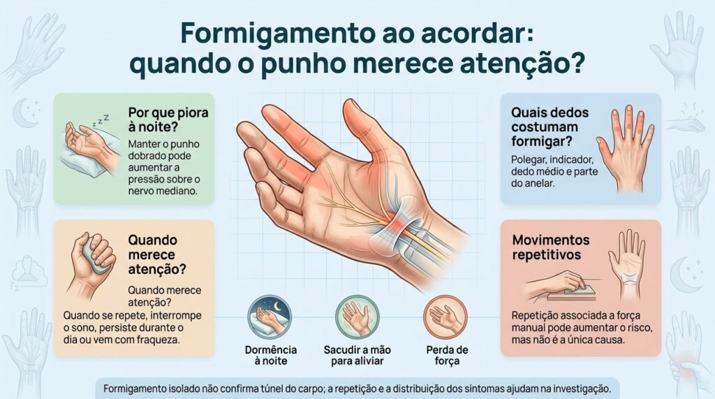 O padrão dos dedos afetados, a piora noturna e a repetição do formigamento ajudam a diferenciar uma compressão do nervo de um episódio passageiro.