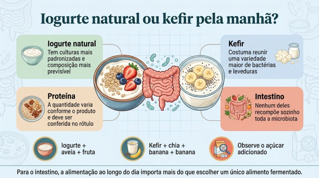 A escolha entre iogurte e kefir depende da preferência, da composição do produto e do restante da alimentação.