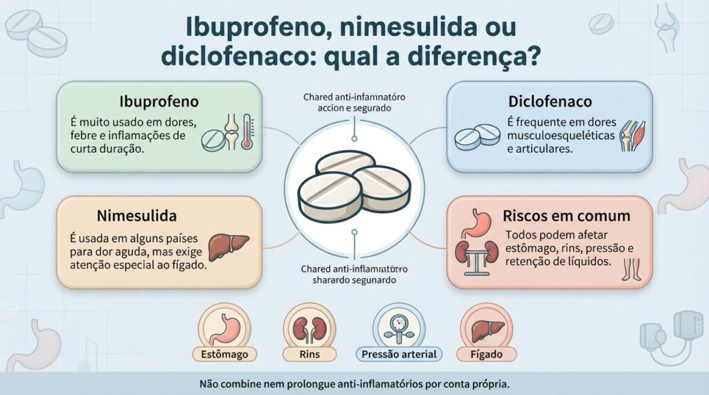 A escolha entre ibuprofeno, nimesulida e diclofenaco depende da indicação, das doenças existentes e dos riscos de cada pessoa.