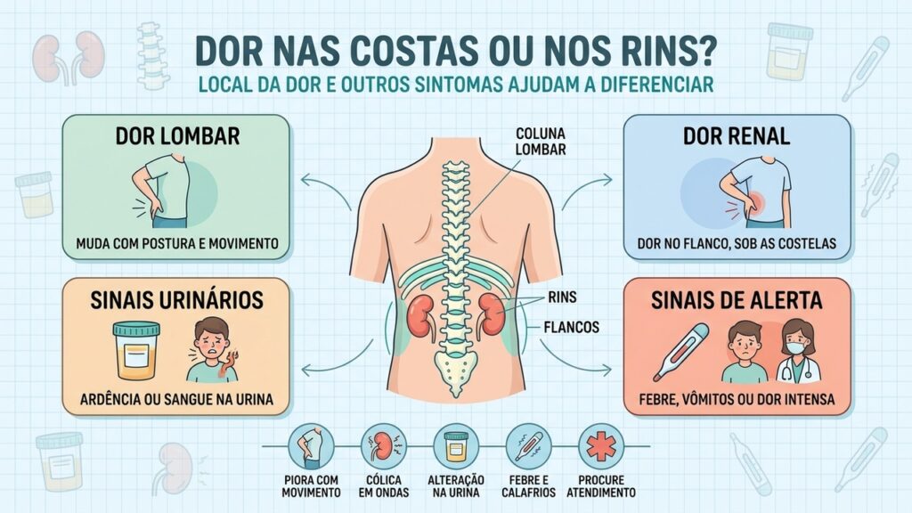 Local da dor, mudanças na urina, febre e vômitos ajudam a identificar sinais que exigem avaliação médica.