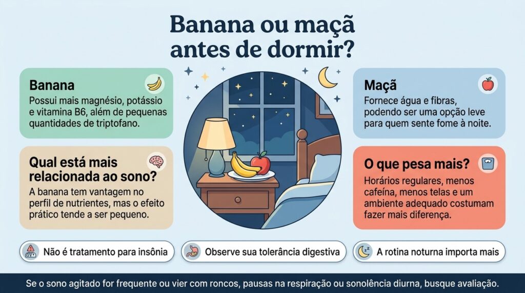 A banana tem um perfil de nutrientes um pouco mais ligado às vias do sono, mas os hábitos noturnos costumam ter impacto muito maior.