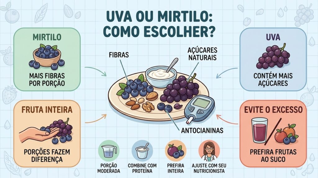 Compare fibras, açúcares e formas de consumo para incluir uvas e mirtilos com equilíbrio.