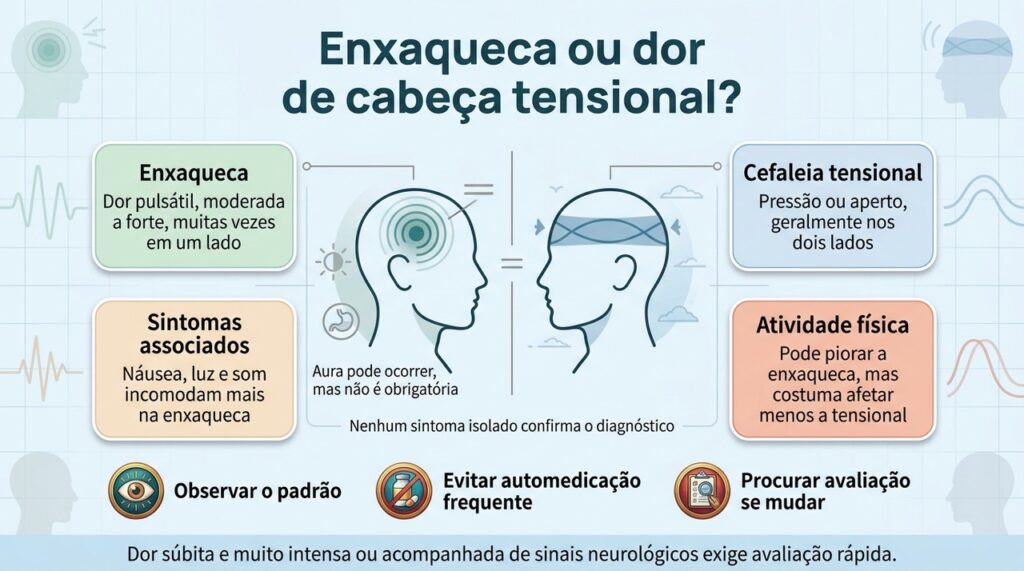 O padrão da dor e os sintomas associados ajudam a diferenciar enxaqueca de cefaleia tensional e orientar o tratamento.