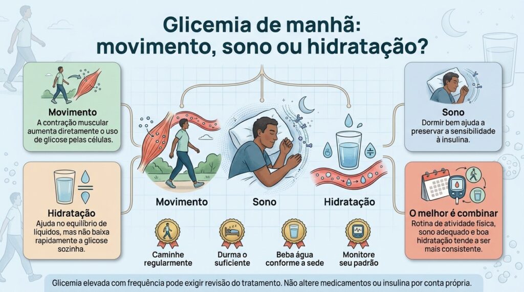 Para a glicemia matinal, o movimento tem efeito mais direto, mas sono e hidratação também fazem parte do equilíbrio metabólico.