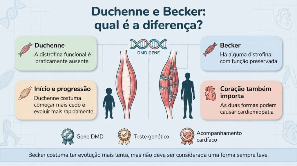 Duchenne e Becker formam um espectro de distrofinopatias com diferenças na quantidade de distrofina, início e velocidade de progressão.