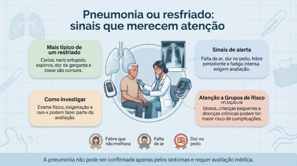 A evolução dos sintomas e sinais como falta de ar ajudam a indicar quando é importante investigar pneumonia.