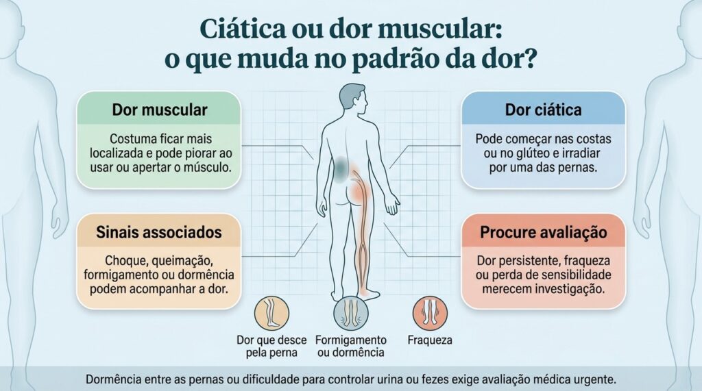 O trajeto da dor e a presença de formigamento, dormência ou fraqueza ajudam a diferenciar a ciática de uma dor muscular localizada.
