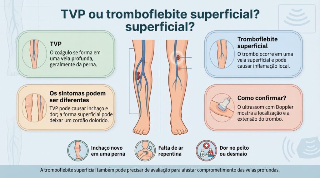 A localização do coágulo diferencia TVP de tromboflebite superficial, e o Doppler ajuda a confirmar o diagnóstico.