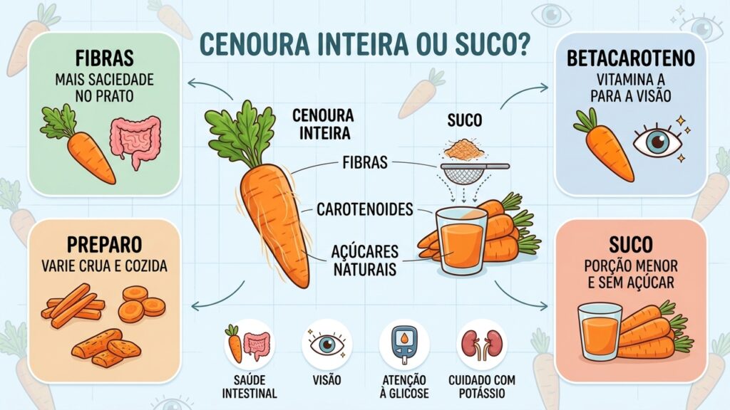 Fibras, betacaroteno, preparo variado e porções moderadas ajudam a aproveitar melhor a cenoura.
