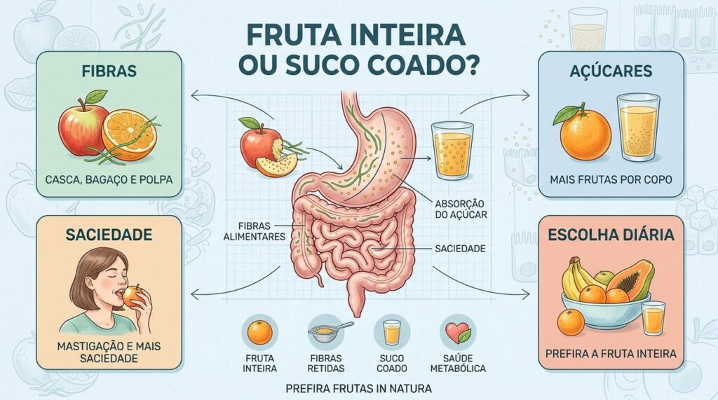 Veja como fibras, saciedade e concentração de açúcar diferenciam a fruta inteira do suco coado.