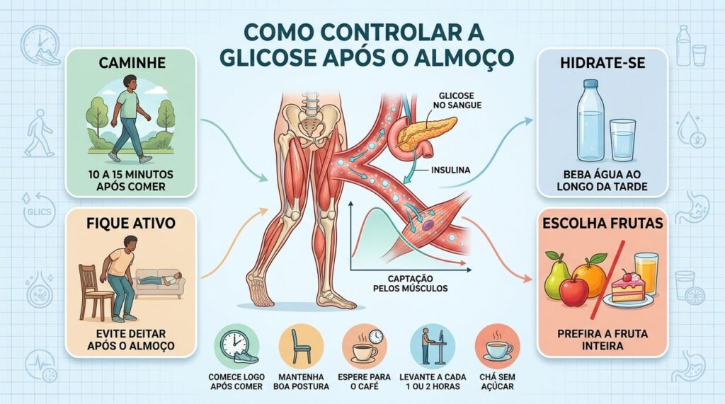 Movimento, hidratação e escolhas simples ajudam a suavizar o pico glicêmico pós-almoço.