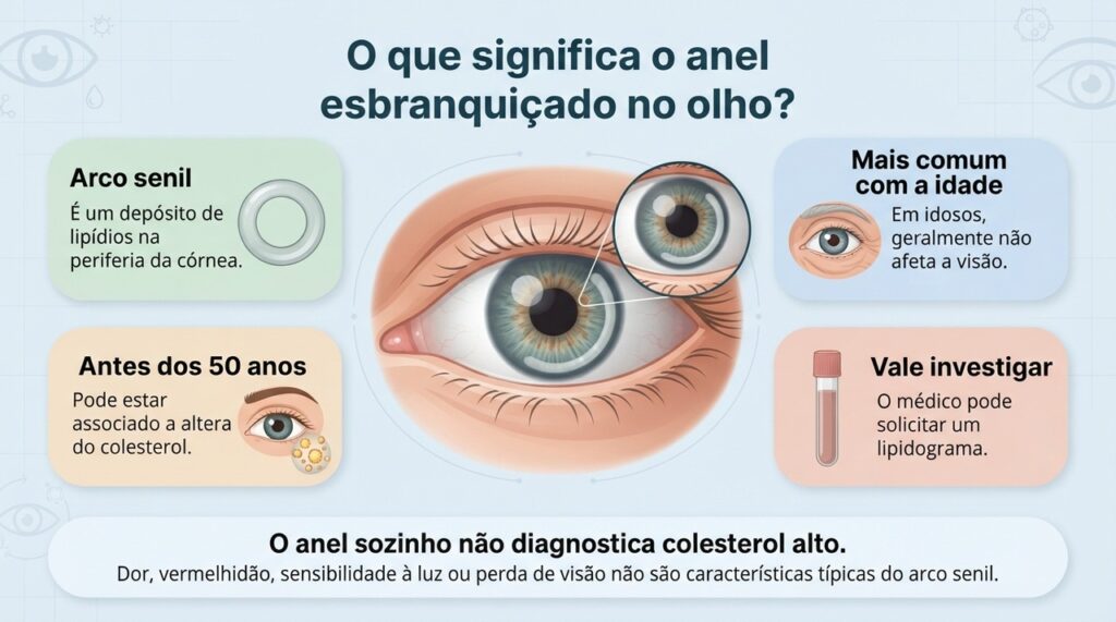 O arco senil costuma ser uma alteração relacionada à idade, mas quando aparece cedo pode justificar avaliação do perfil de colesterol.