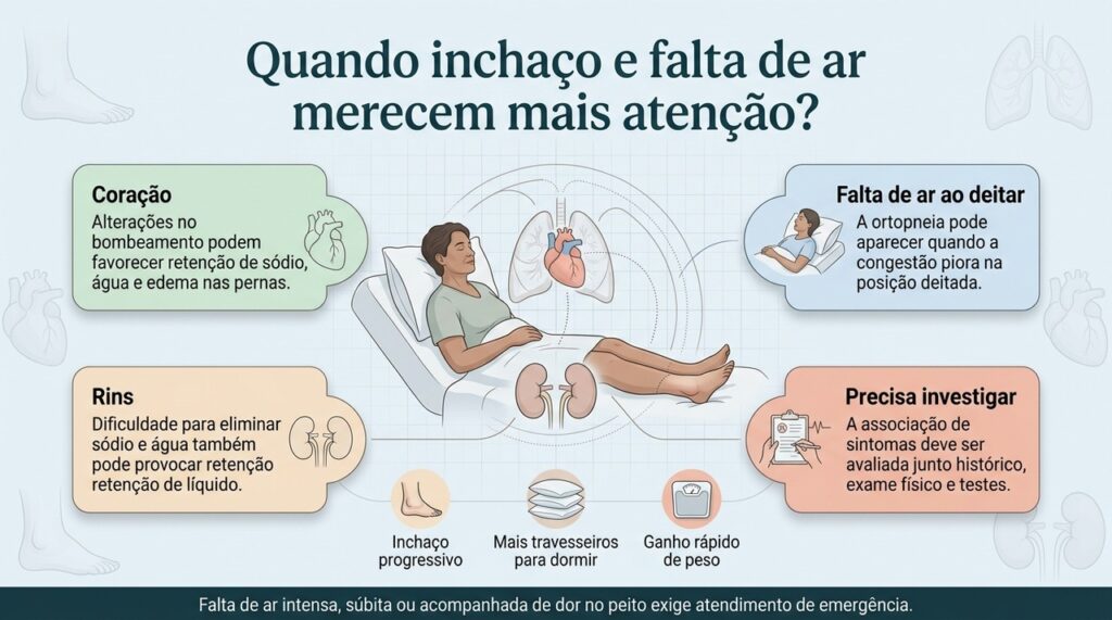 Falta de ar ao deitar junto com inchaço nas pernas pode estar ligada à retenção de líquido e precisa ser avaliada.
