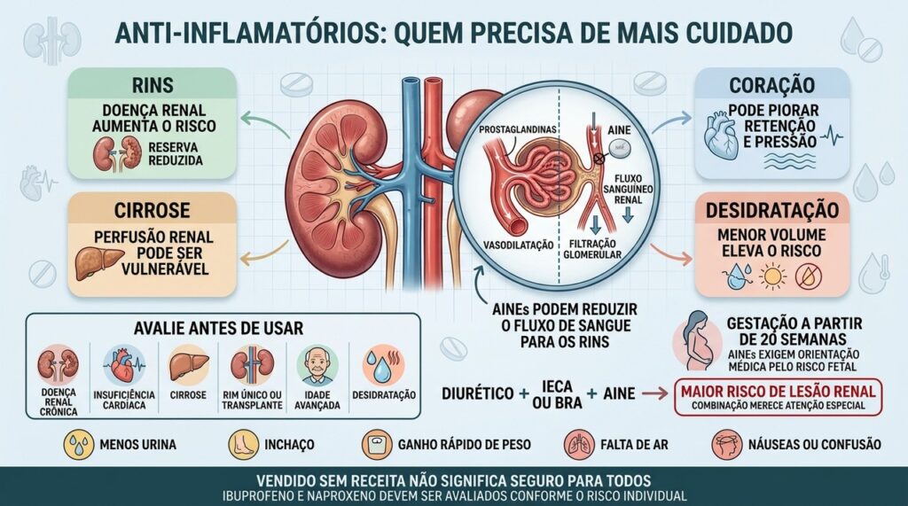 Rins, coração, fígado, hidratação e medicamentos modificam o risco dos anti-inflamatórios.