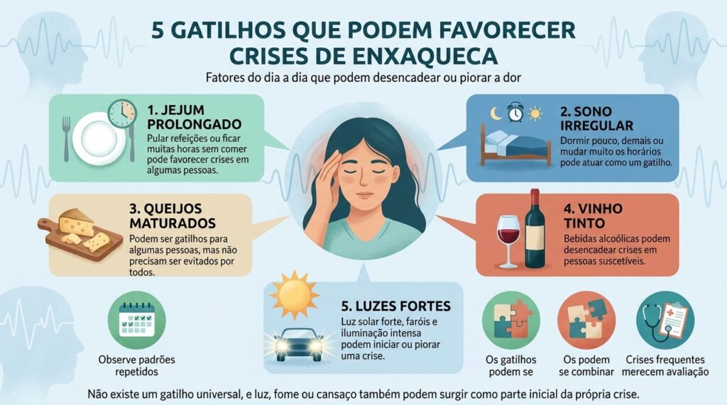 Os gatilhos da enxaqueca variam entre as pessoas e ficam mais claros quando existe um padrão repetido antes das crises.