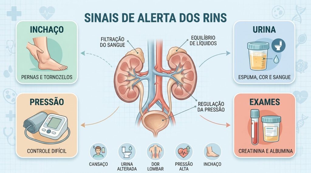 Exames de creatinina, urina e albumina ajudam a identificar alterações renais precocemente.
