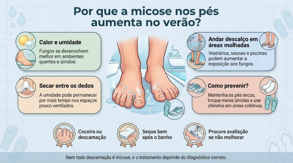 Calor e umidade favorecem a micose, enquanto manter os pés secos e protegidos ajuda na prevenção.
