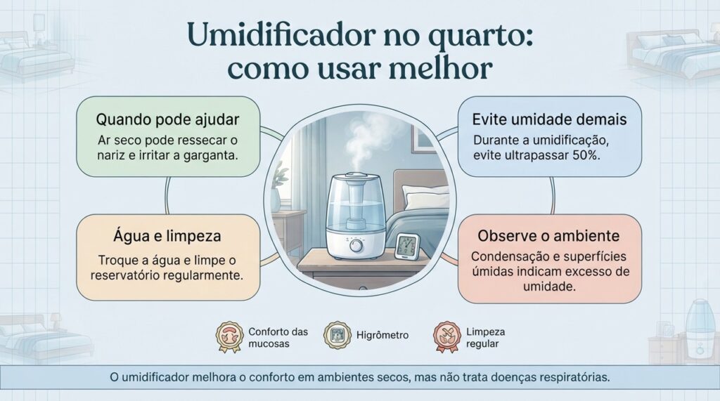 O uso seguro do umidificador depende de controlar a umidade e manter o reservatório limpo.