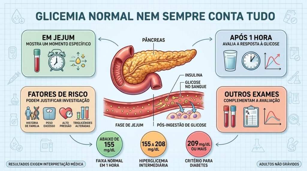Jejum, glicemia de uma hora e fatores de risco complementam a avaliação metabólica.