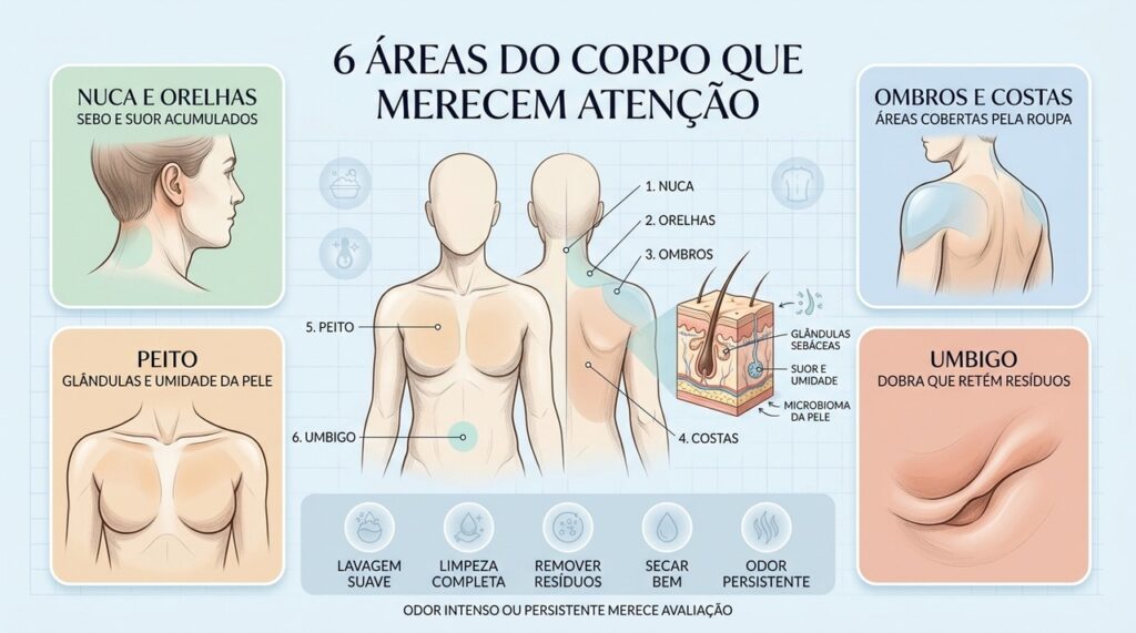 Higiene suave das áreas esquecidas ajuda a remover resíduos, mas odores persistentes exigem investigação.