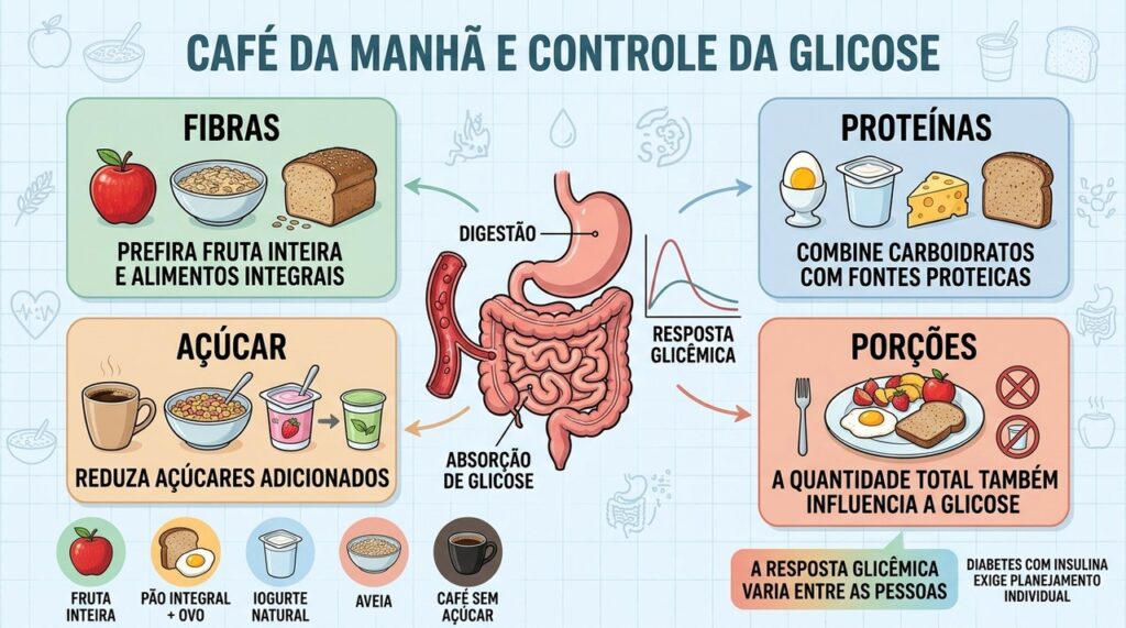 Fibras, proteínas, menos açúcar e porções adequadas favorecem respostas glicêmicas mais equilibradas.