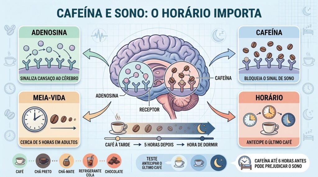 Cafeína bloqueia a adenosina por horas e pode reduzir o descanso noturno.