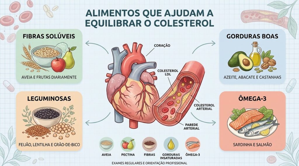 Fibras solúveis, gorduras insaturadas e ômega-3 ajudam a melhorar o perfil lipídico.
