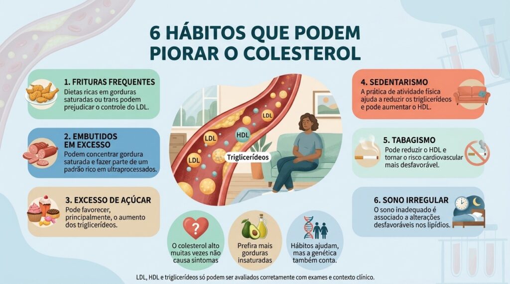 Frituras, embutidos, açúcar, sedentarismo, tabagismo e sono irregular podem afetar o perfil lipídico por mecanismos diferentes.