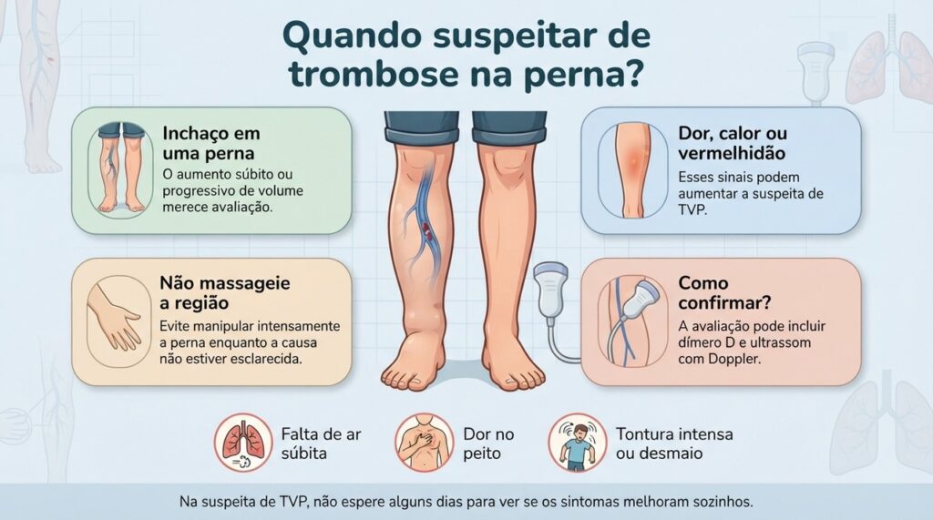 A suspeita de TVP precisa de avaliação rápida, e sinais respiratórios podem indicar uma emergência ainda mais grave.