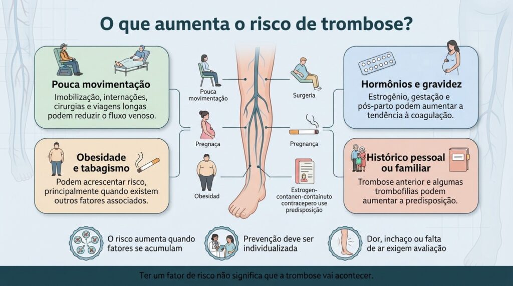 Os fatores de risco aumentam a probabilidade de trombose, mas não determinam que ela ocorrerá.