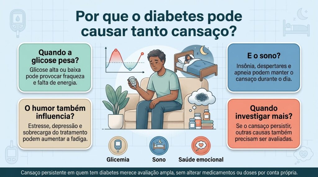 Avaliar glicose, qualidade do sono, humor e outras causas ajuda a entender melhor a fadiga persistente no diabetes.