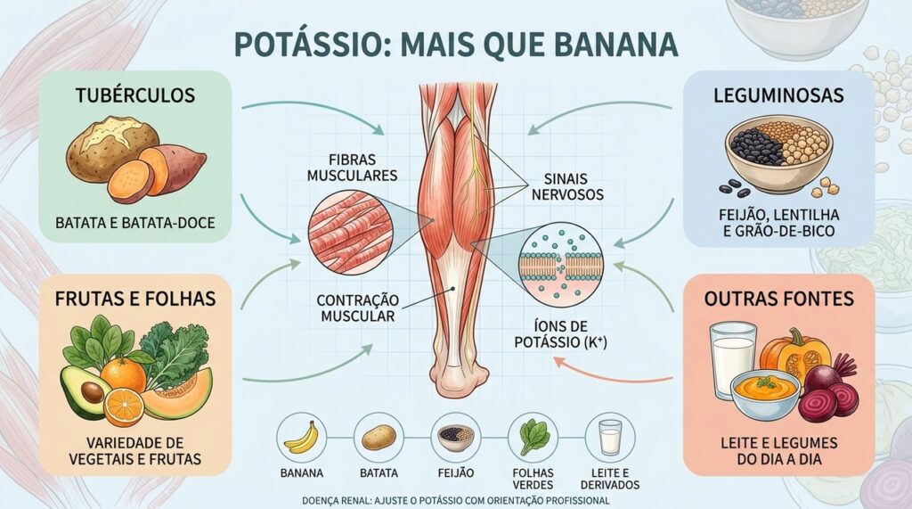 Conheça fontes variadas de potássio e sua participação na contração muscular e na saúde cotidiana.