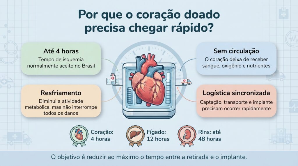 O coração tem uma janela de preservação muito menor que a de outros órgãos, o que exige logística rigorosamente sincronizada.