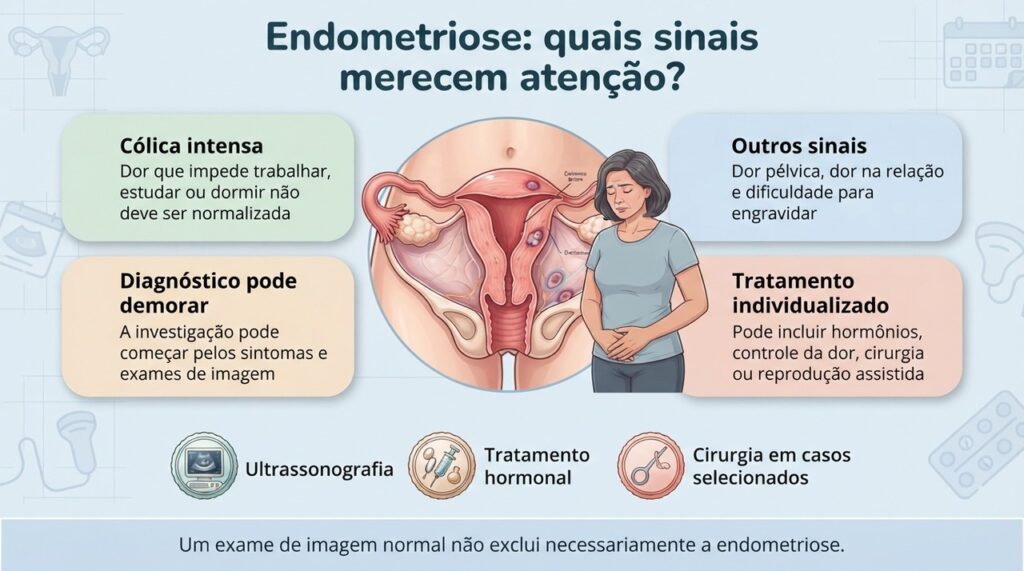 A endometriose pode ter manifestações variadas, e o tratamento depende da dor, das lesões e dos planos de gravidez.